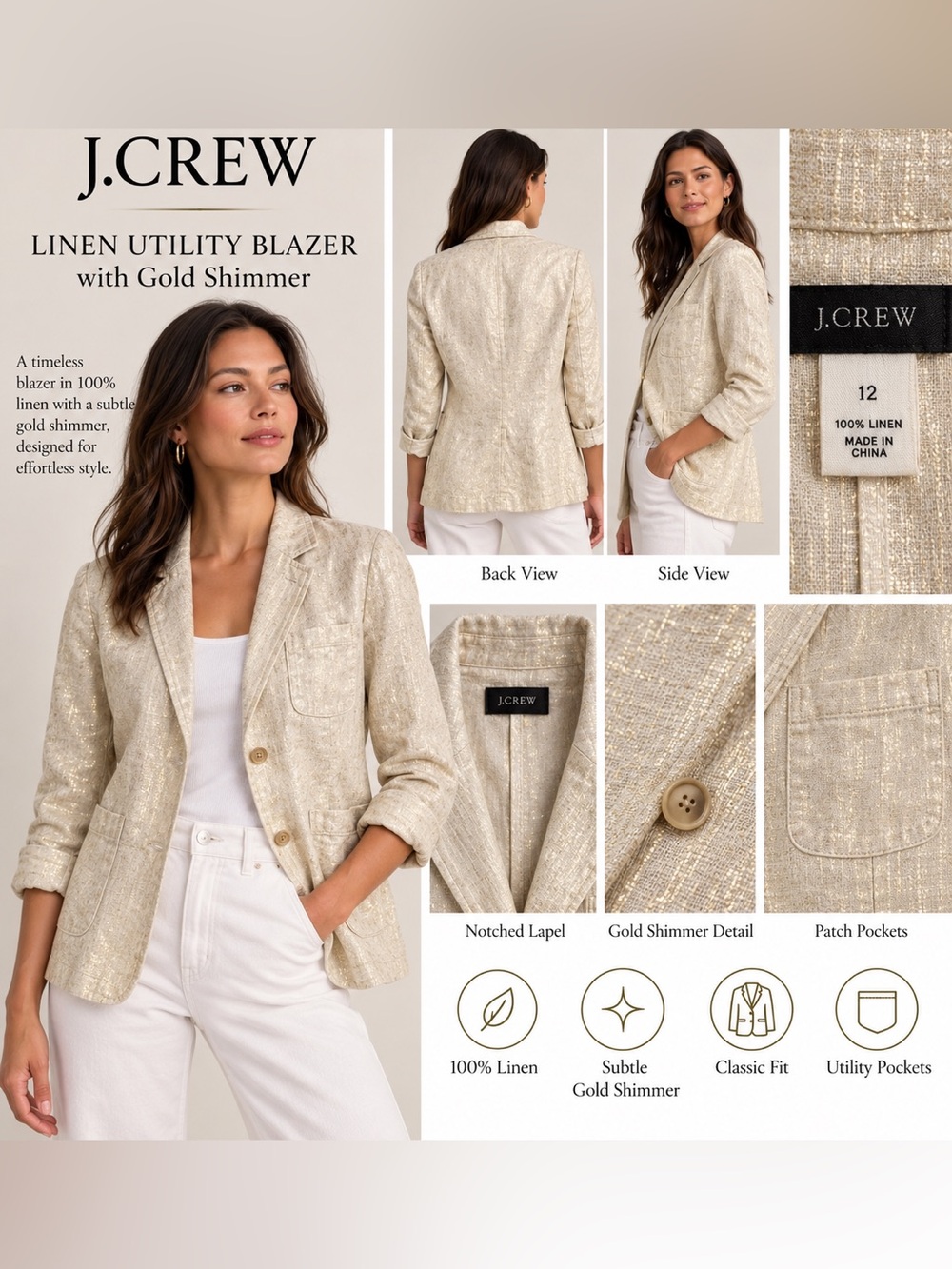 J. Crew Lightweight Cream Linen-Blend Blazer